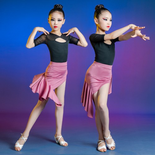 Girls kids turquoise green purple latin dance dress stage school performance latin ballroom dance costumes for girls
